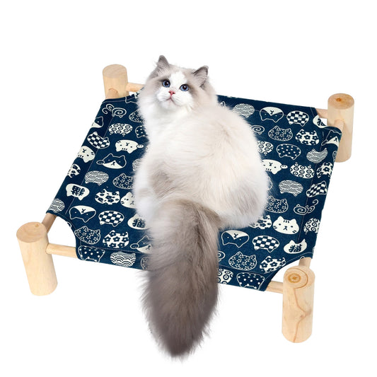 PETSWOL Elevated Cat Hammock Bed - Breathable Linen Fabric, Natural Wooden Frame_0