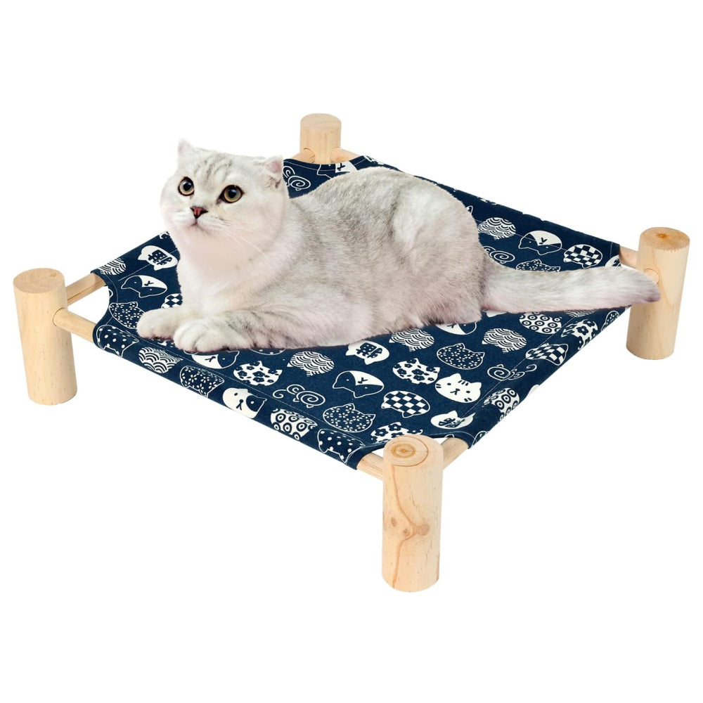 PETSWOL Elevated Cat Hammock Bed - Breathable Linen Fabric, Natural Wooden Frame_5